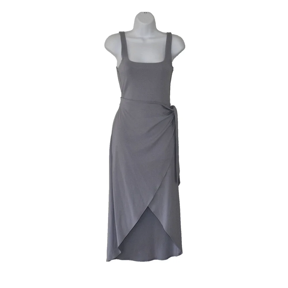 A7 NEW ARITZIA WILFRED Grey Drapey Jersey Side Tie Saturn Midi Wrap Dress Size S